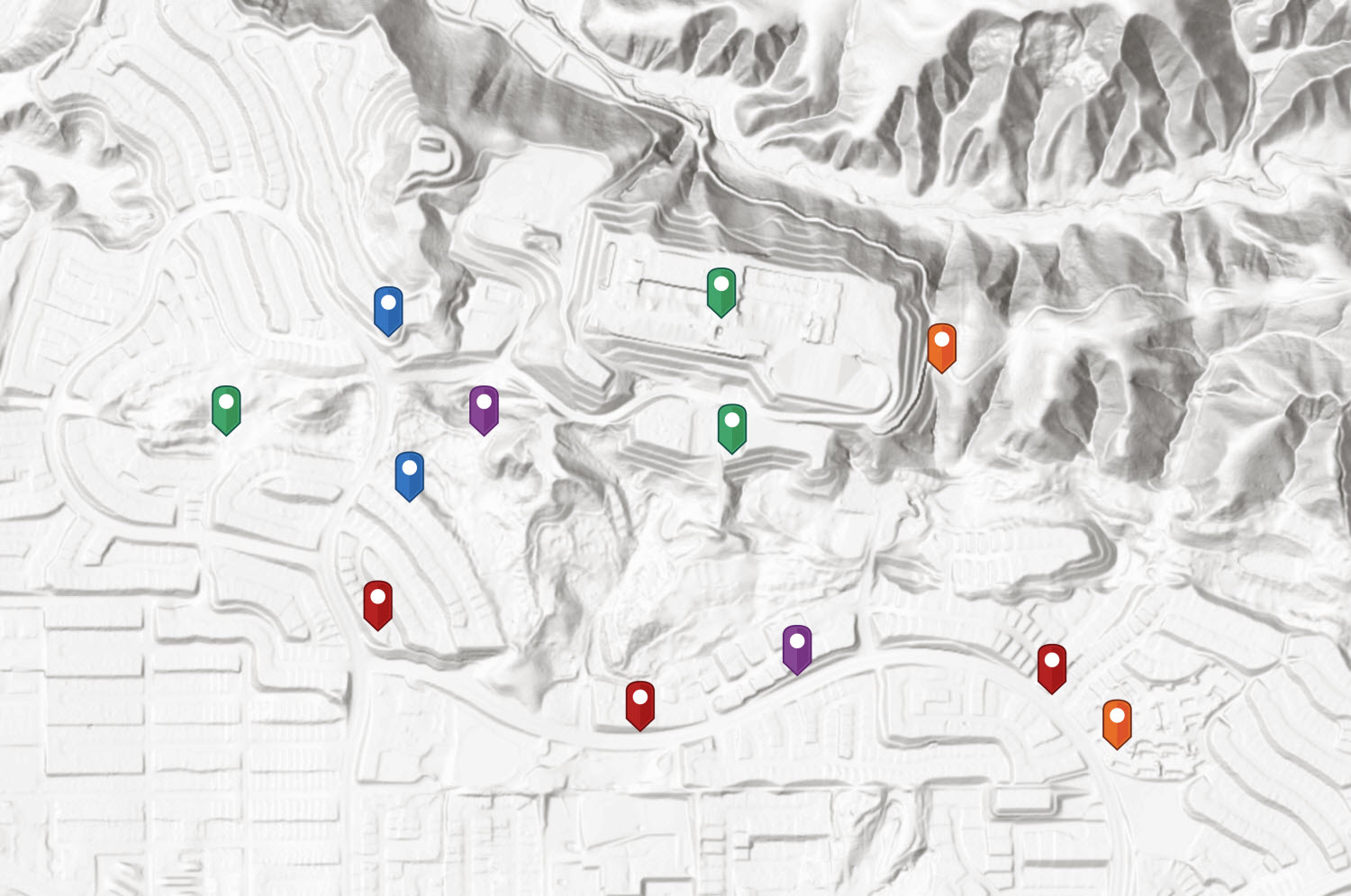 Mapping point data in urban environments where Lidar derived elevation is available. Chino Hills, California (USA)