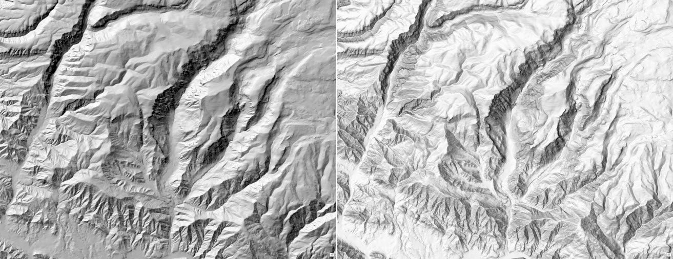 Figure1: single direction vs multi-directional hillshade comparison