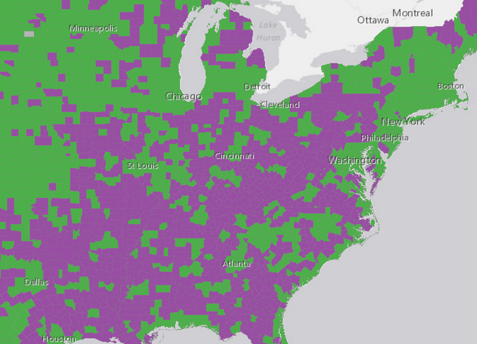Shaded by whether or not the majority of adults attended at least some college