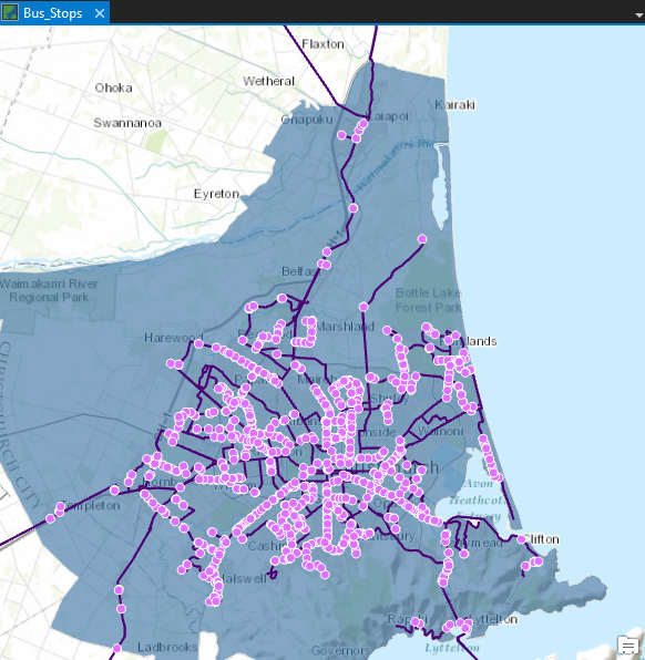 Map of bus routes and stops in ArcGIS Pro