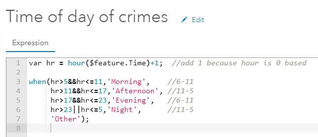 Arcade Expression code (eight lines) to create a new field “Time of day of crimes”.