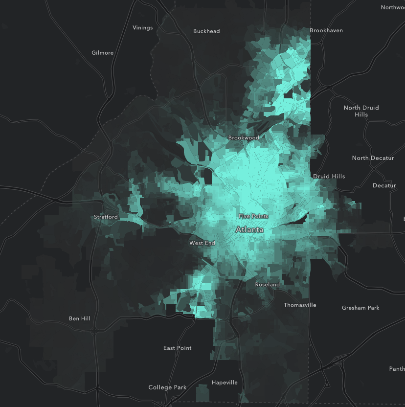 Atlanta census blocks with number of jobs reachable within 30 minutes at least once