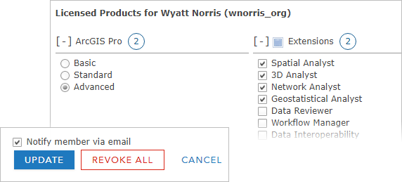 ArcGIS Pro license settings for an ArcGIS Online member