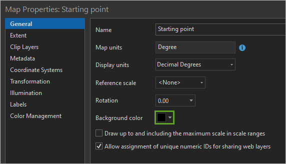 Background color on the General tab of the Map Properties window