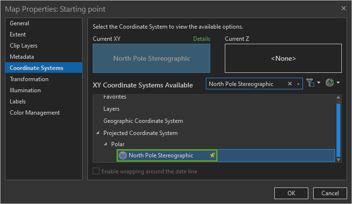 North Pole Stereographic selected in the Coordinate System picker