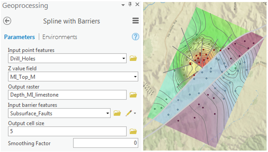 Figure 2: The geoprocessing tool dialog is on the left. To the right is the output depth raster, with the input points and barrier layers displayed on top.