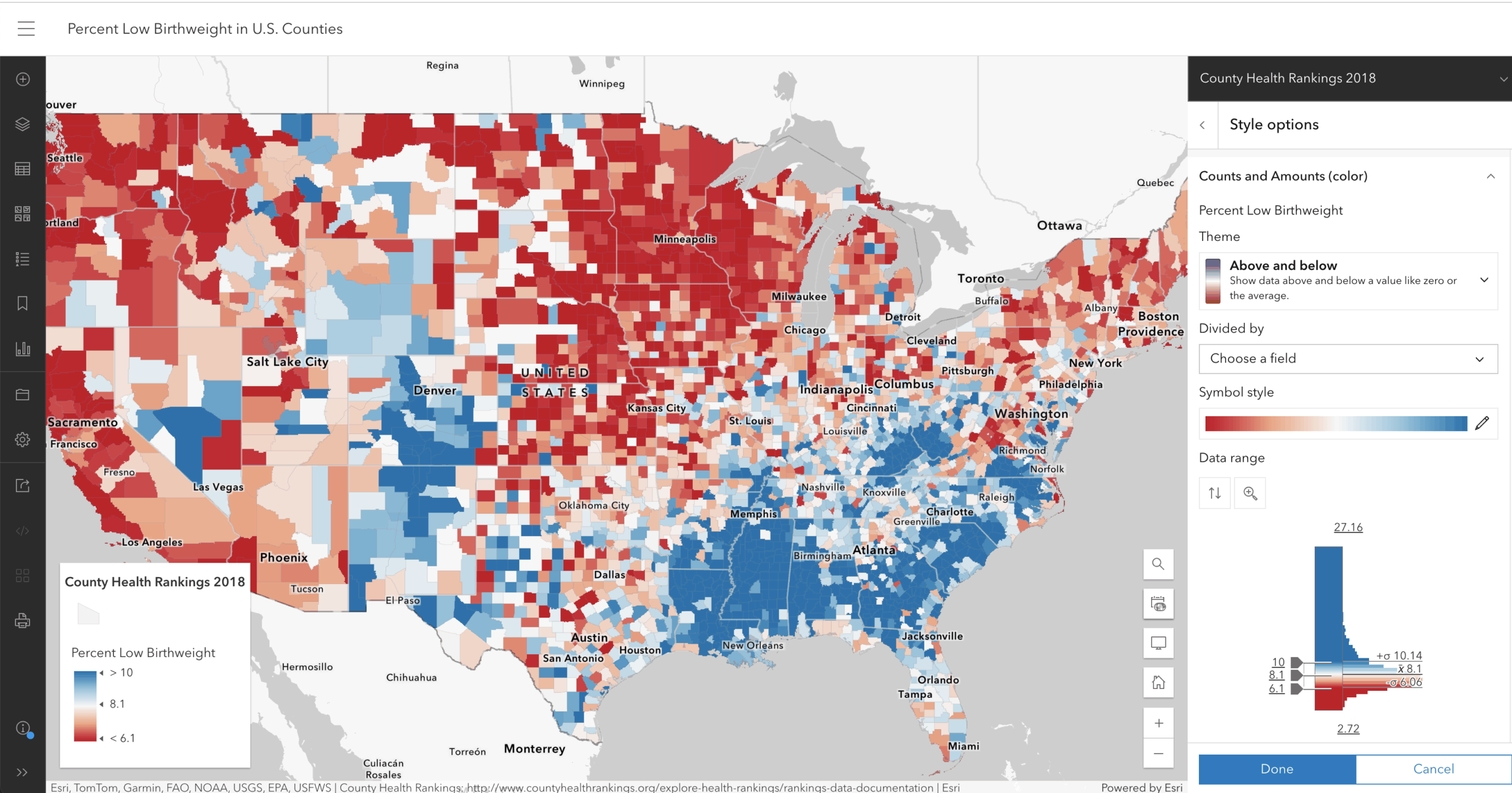 Choose the Above and Below theme to anchor the map's colors around a meaningful central value, such as a mean of the date, a national average, or a theoretical center like 0 (e.g. for percent change).
