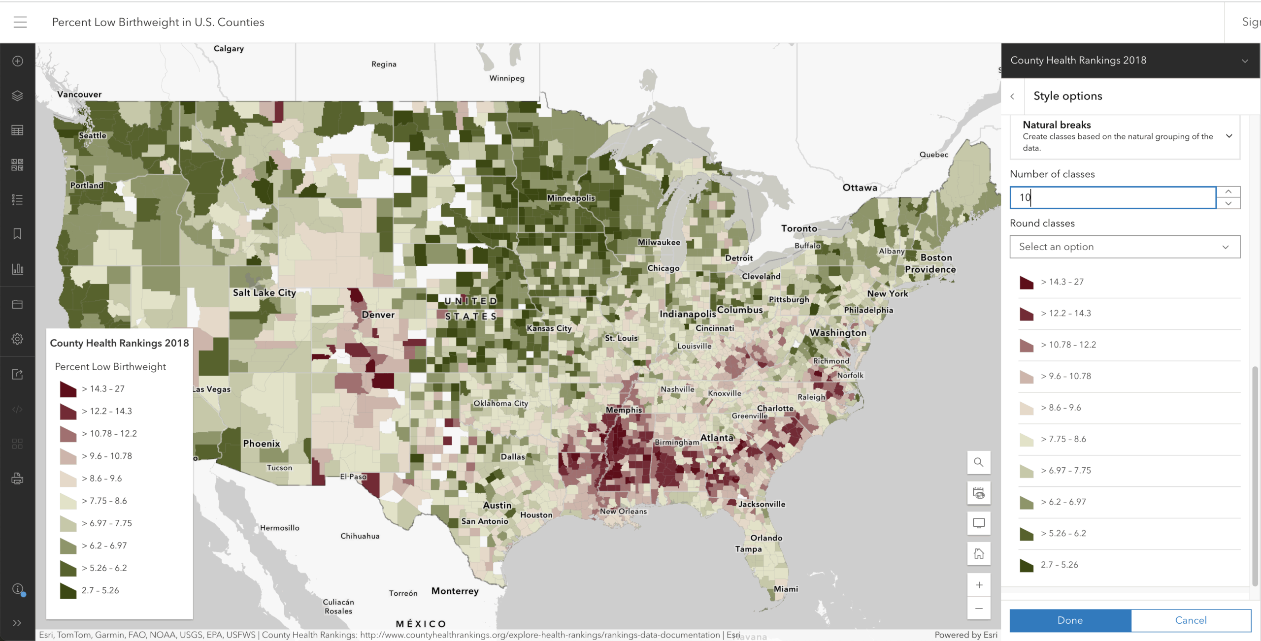 Adding classes to a Natural Breaks classification adds more detail, and the diverging color ramp can leverage that detail.