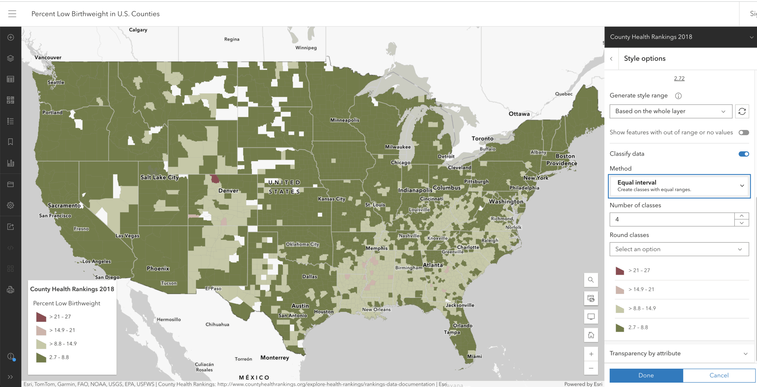 Equal interval with a diverging color ramp.