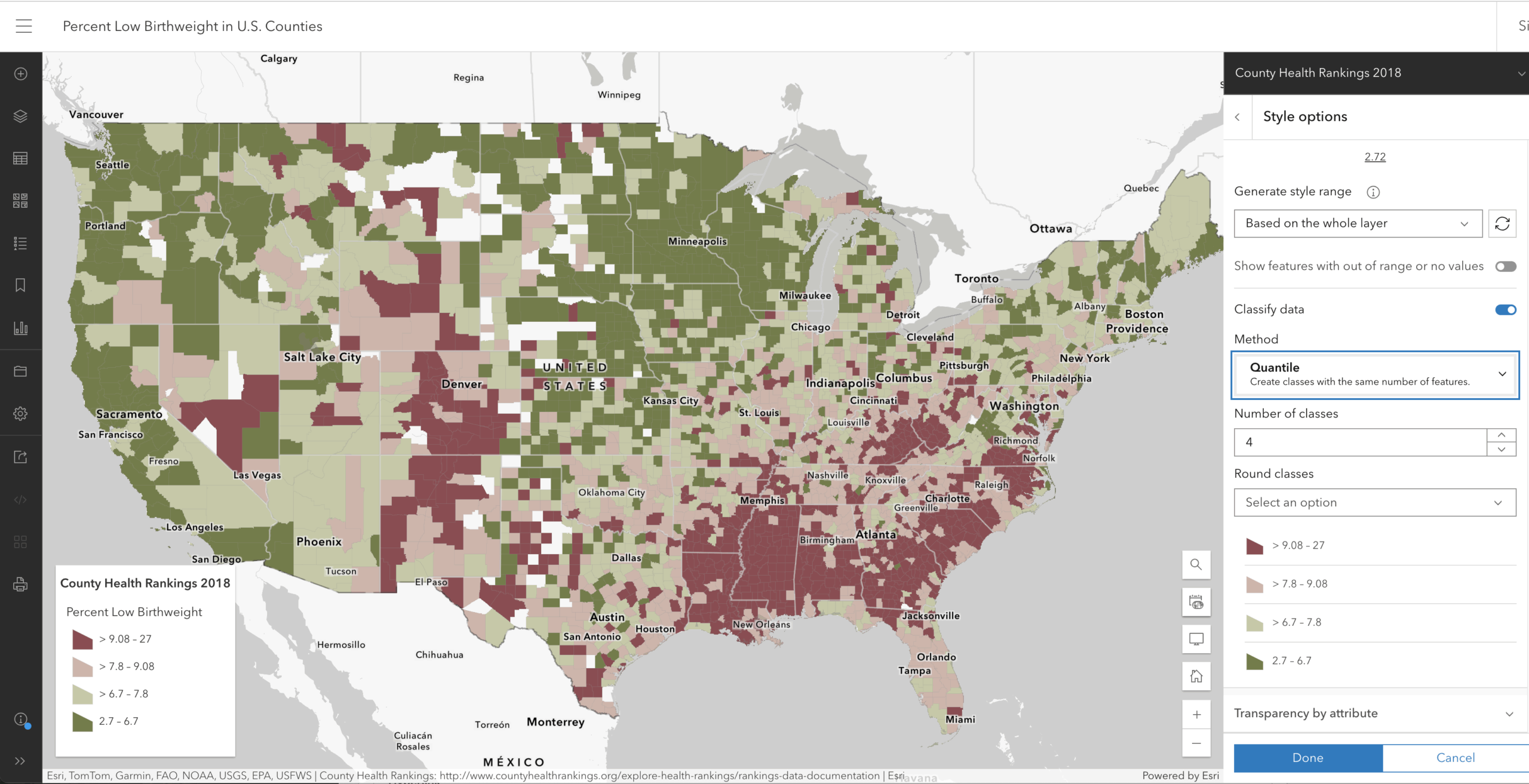 Quantile classification with a diverging color ramp.
