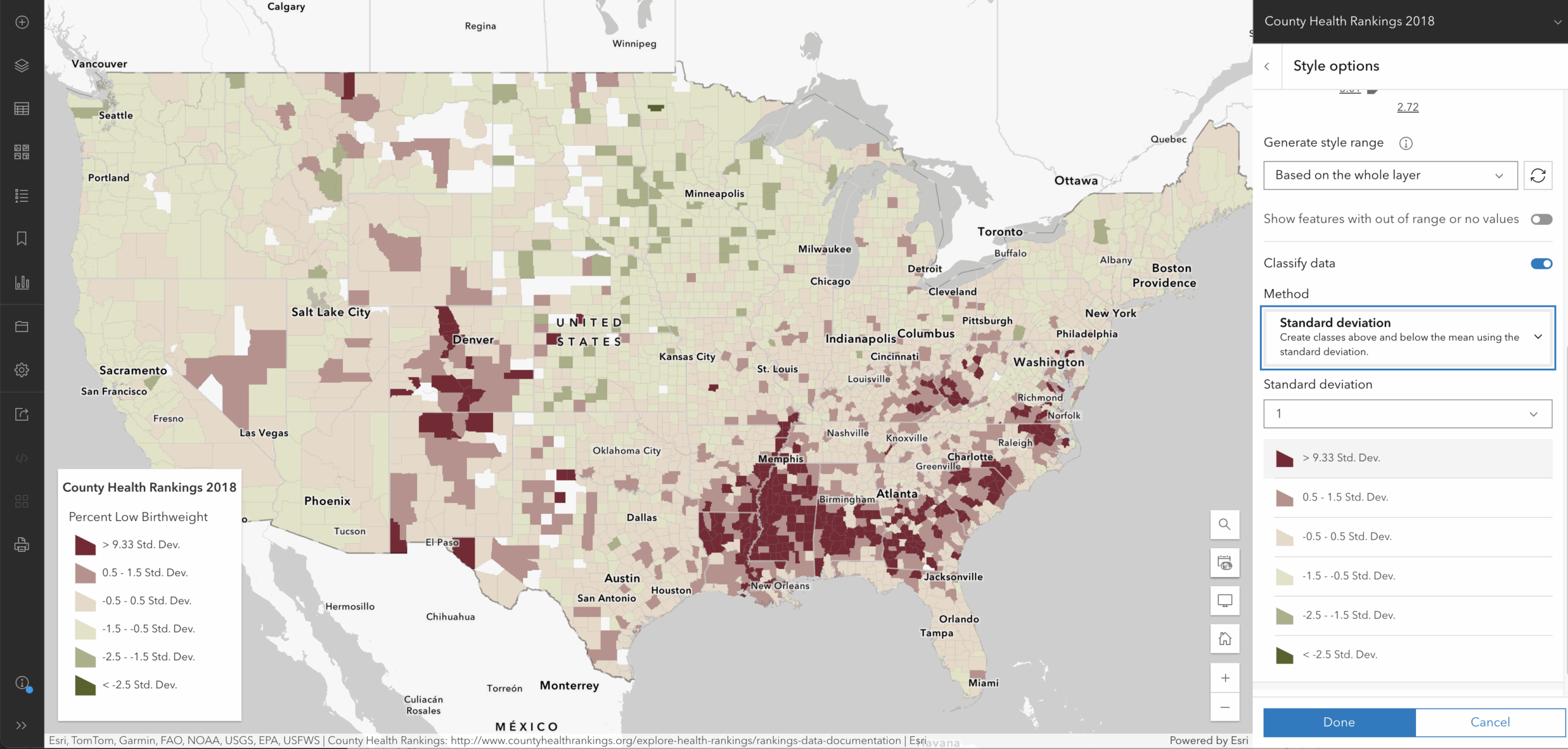 Standard deviation classification with a diverging color ramp.