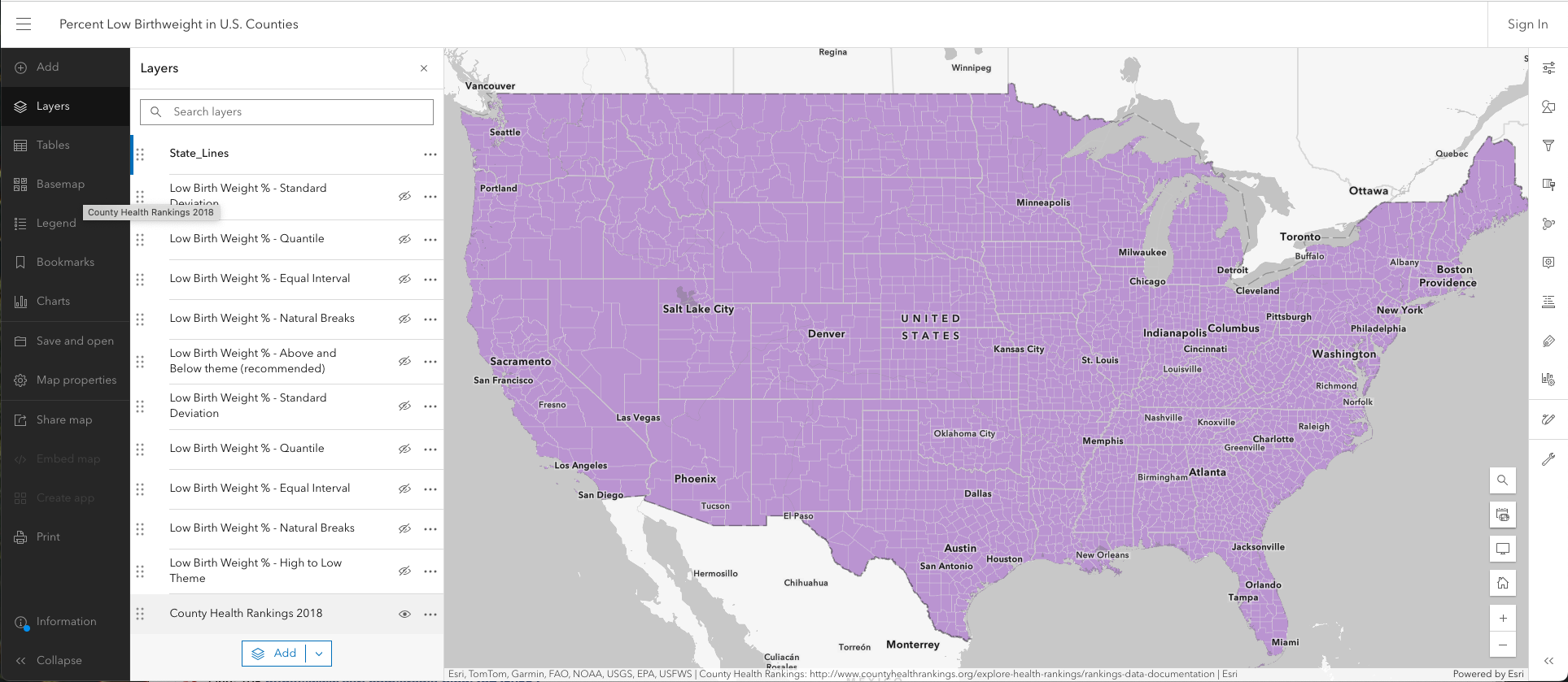 Turn on the last layer in the Layers list, called "County Health Rankings 2018" and the map should show a purple layer of counties.