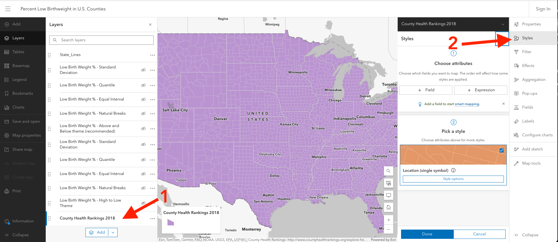 Click on the name of the layer to select the layer, and then click "Styles" at the top right to change the layer's style.