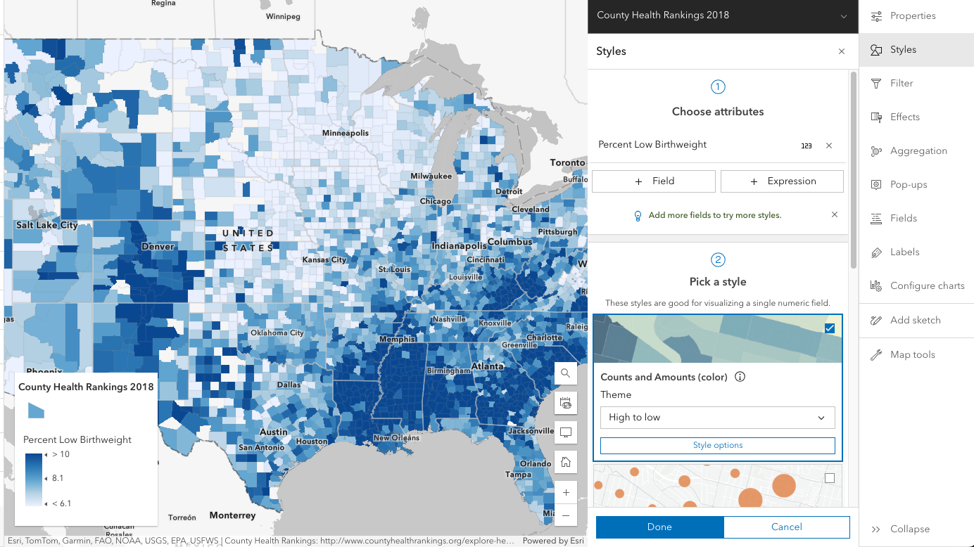 The "Counts and Amounts (color)" style is meant for use with a numeric attribute that represents a percent, rate, index or other normalized value, and shades each feature based its attribute value.