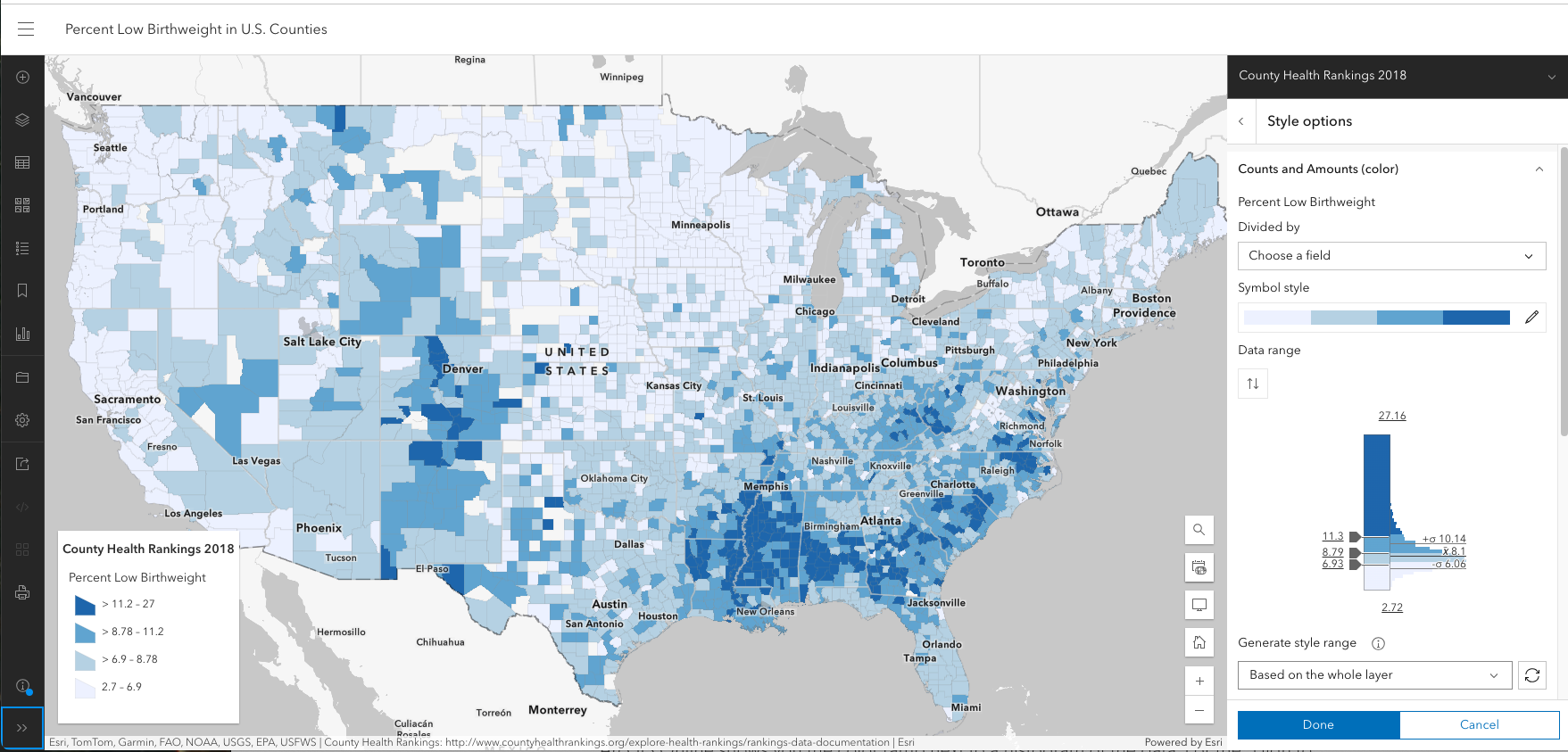 Classification eliminates of the detailed variation in the data, forcing all counties into one of four classes.