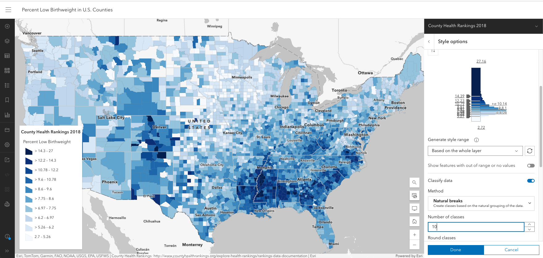 Adding more classes seems to add more detail because the range of values in each class gets smaller.
