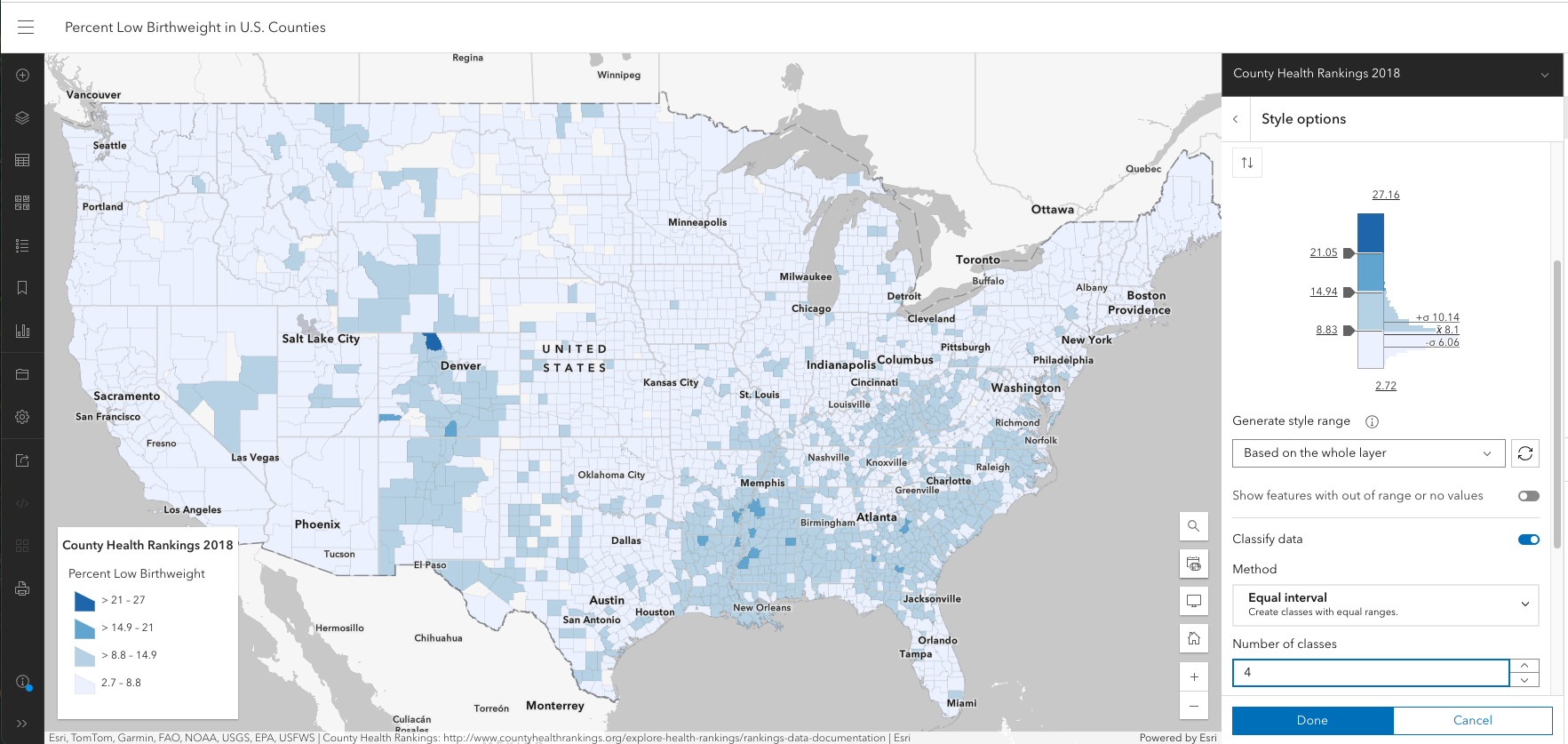 Equal interval drains the pattern from most thematic topics because the min and max values have a huge impact on the interval sizes.