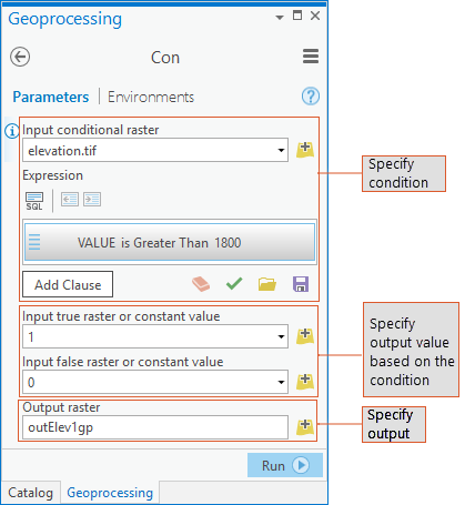 Figure 1: Geoprocessing Dialog box for the Con tool.
