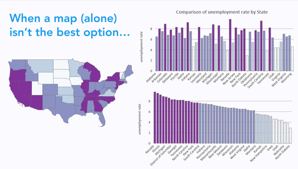 A map of unemployment in the USA accompanied by charts showing unemployment by state.