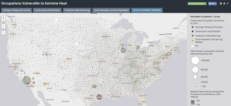 Tabbed map series of Occupations Vulnerable to Extreme Heath. Shows entire United States at the County level.