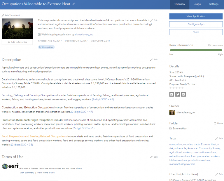 Item Details page for the tabbed series web app “Occupations Vulnerable to Extreme Heat?” where colors of text match colors used in map.