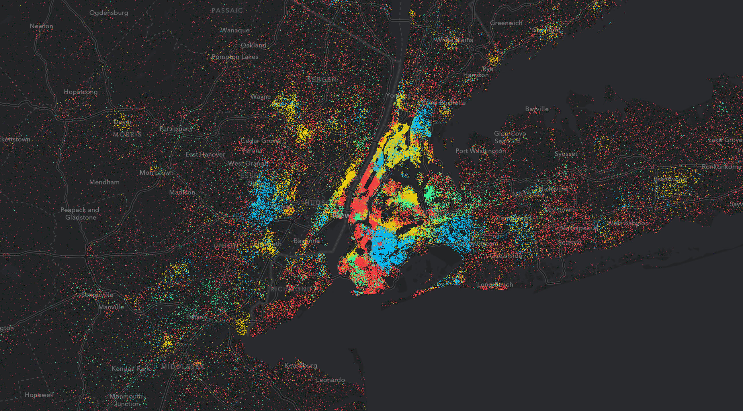 Population density by race in the United States.