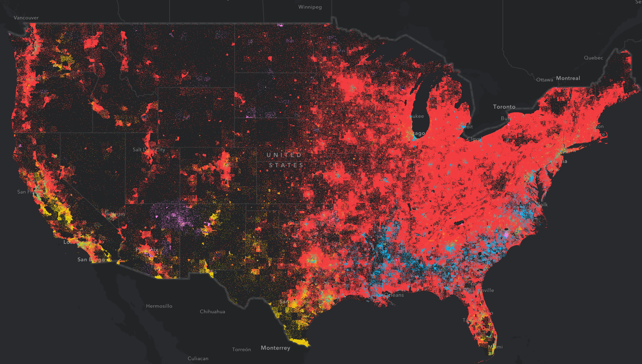 Population density by race in the United States.