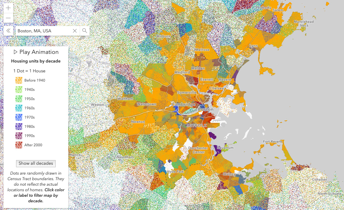 Housing construction by decade in Boston. One dot represents one house.