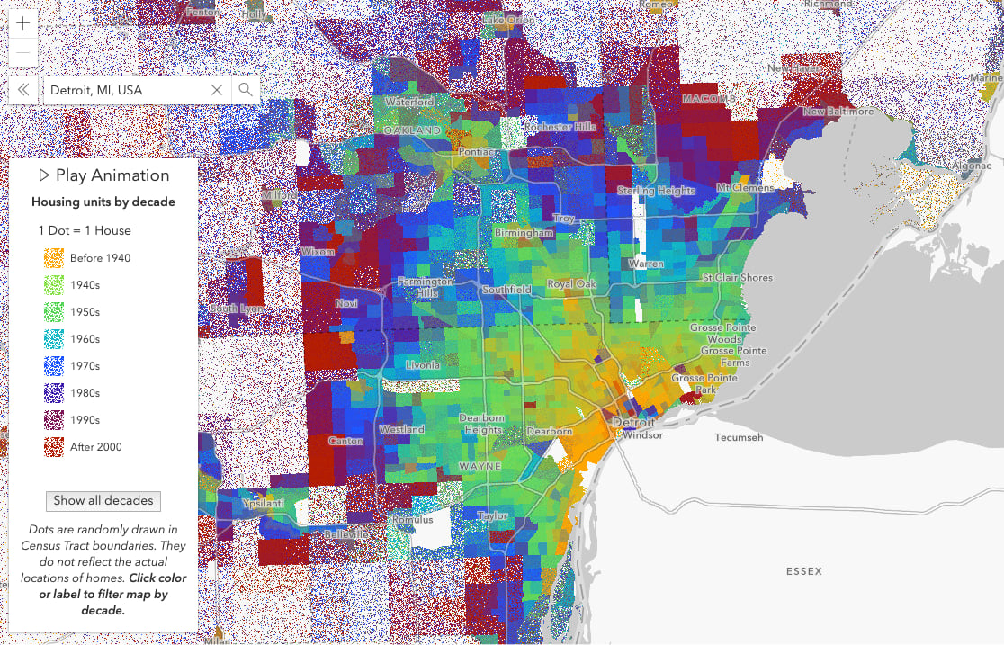 Housing construction by decade in Detroit. One dot represents one house.