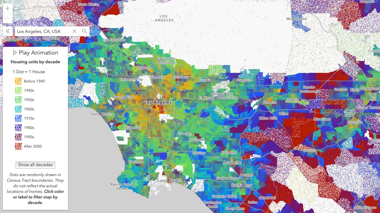 Housing construction by decade in Los Angeles and surrounding cities. One dot represents one house.