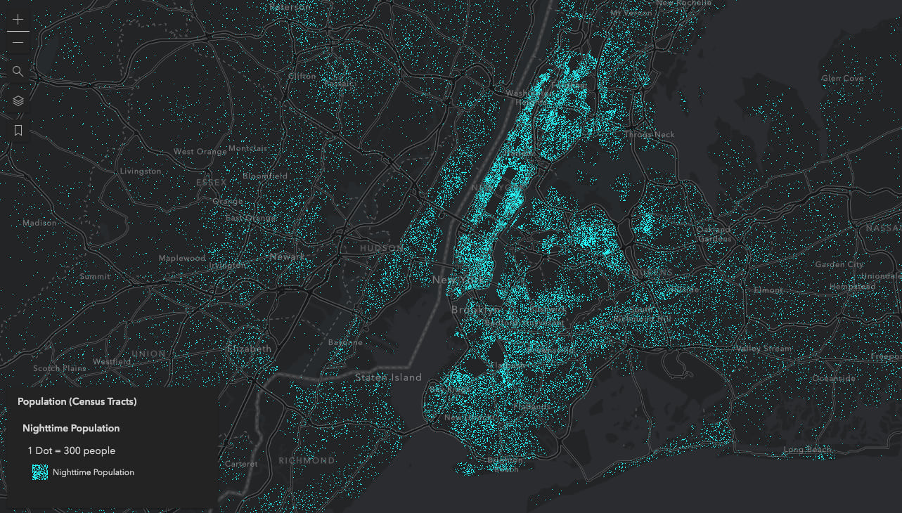 Population density of New York City at night. One dot represents 300 people.