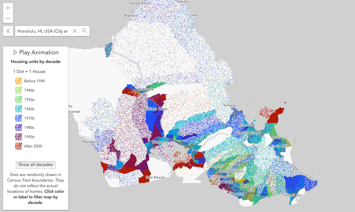 Housing construction by decade on the island of Oahu. One dot represents one house.