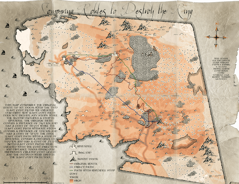 A map designed to match the aesthetic of the original Middle Earth map, showing Frodo's curving route and two shorter, much more direct options