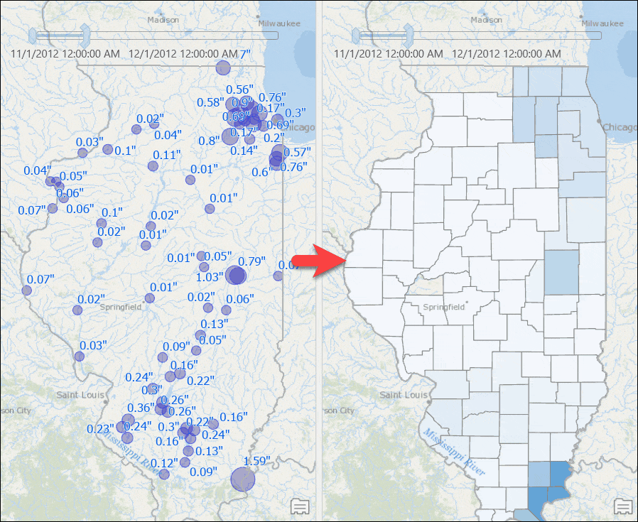 Map on the left showing total rainfall at point locations. Map on the right shows same result transformed to county boundaries