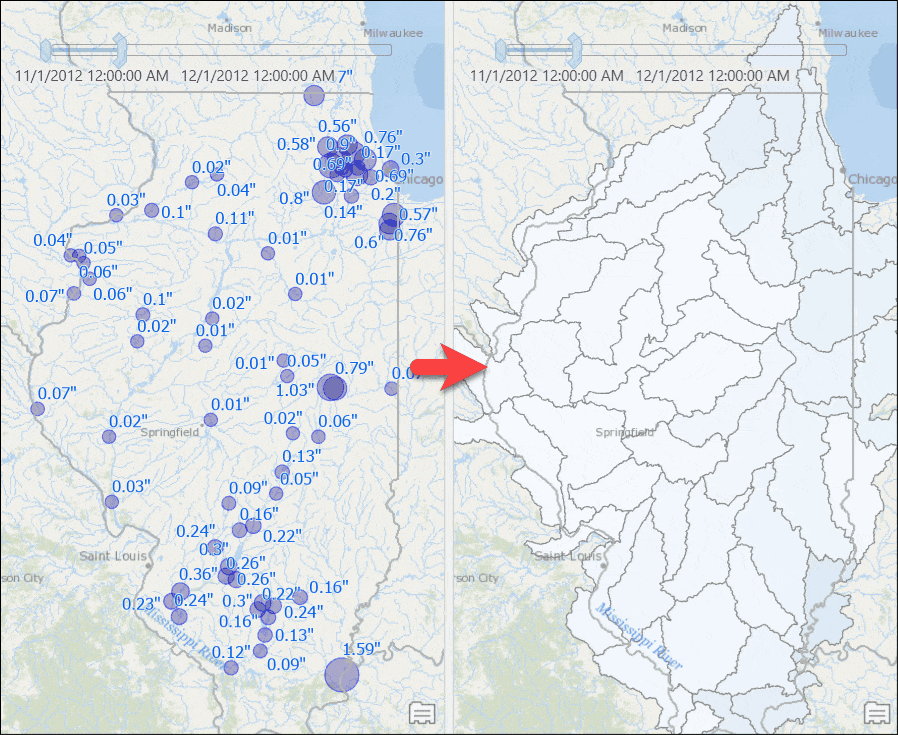 Map on the left showing total rainfall at point locations. Map on the right shows same result transformed to watershed boundaries