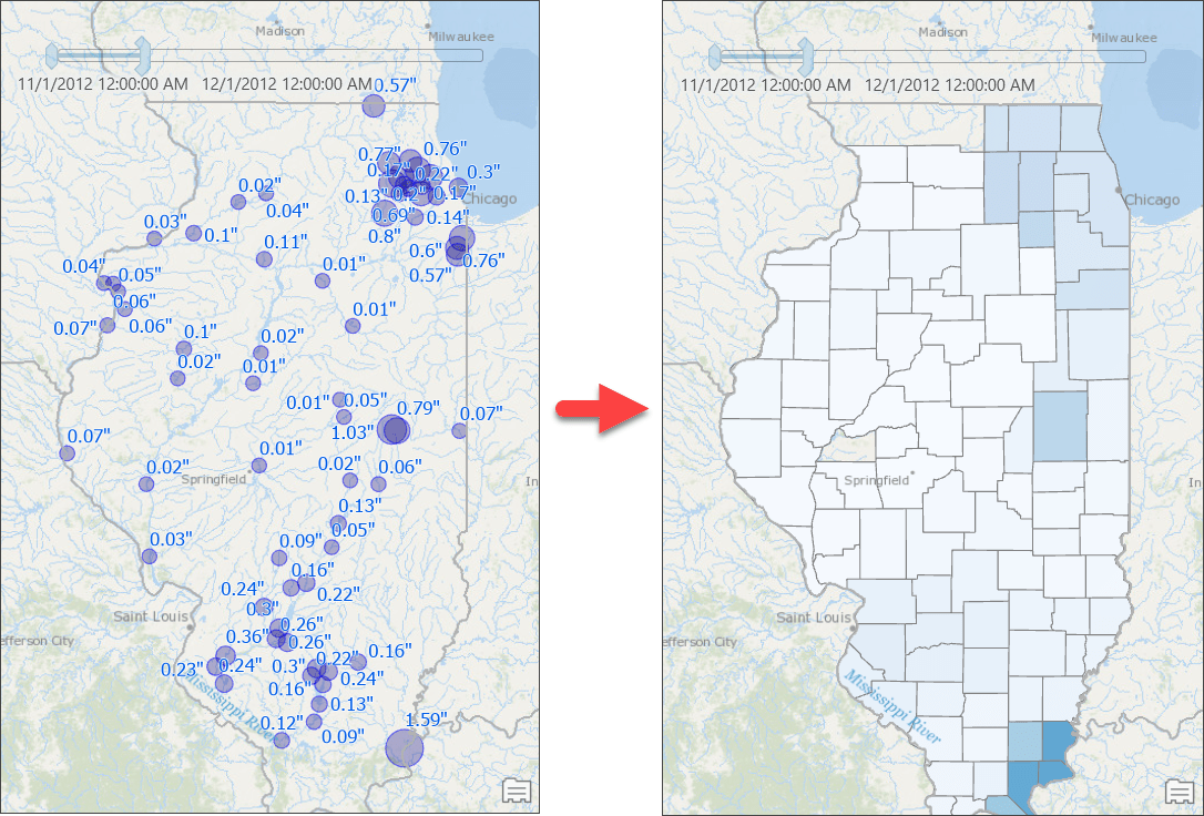 Weighted total rainfall computed for each county from rainfall stations