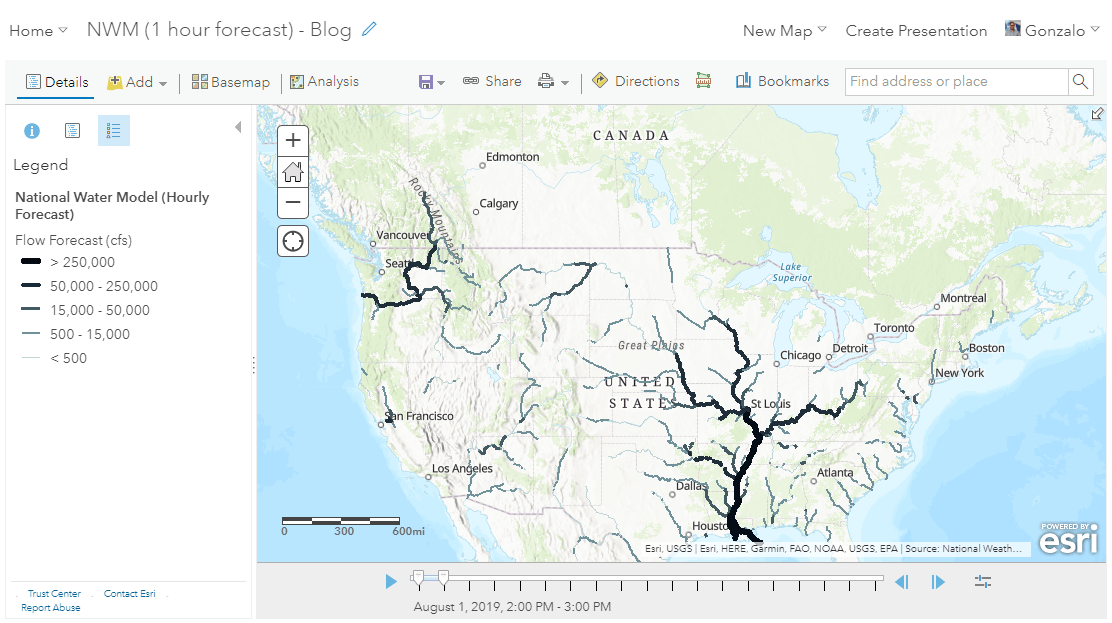 National Water Model Forecast from 08/01/2019 9:00 pm to 02/02/2019 9:00 pm UTC
