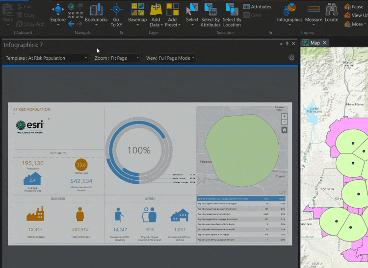GIF moving the the process of selecting an infographic template in ArcGIS Pro