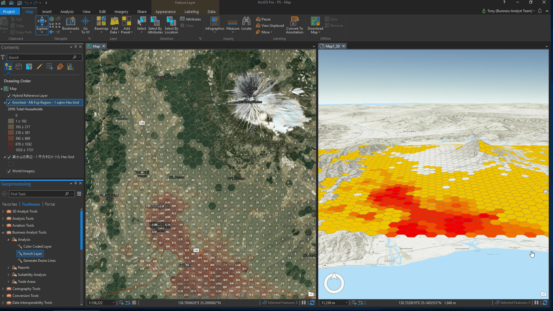 Map of the Mount Fuji, Japan area showing hexagonal representation of where the highest amount of total households are