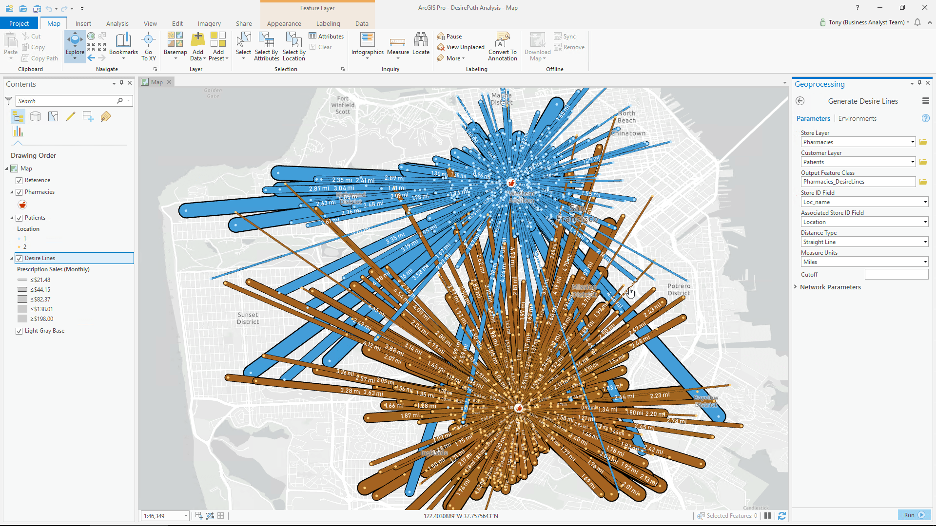 Desire Line Map of the San Francisco area showing patient location in relation to pharmacies.