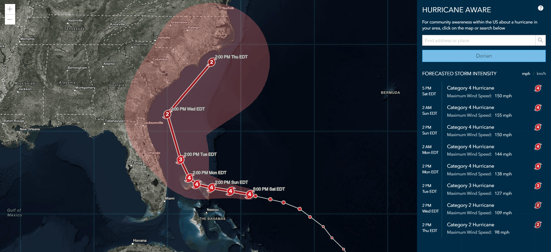 Hurricane Aware showing forecast for Dorian