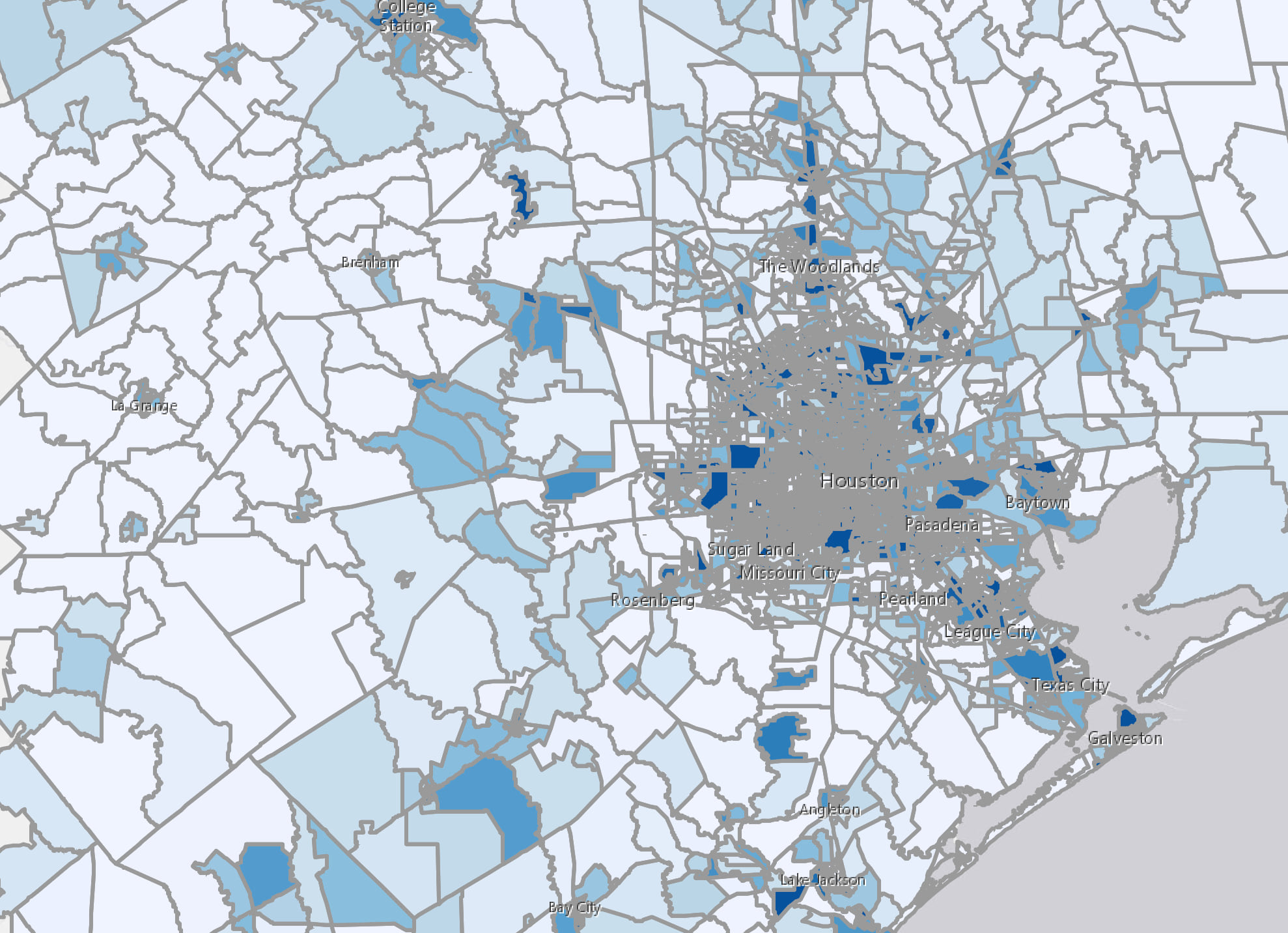 Vacant housing in the Houston Area. Outlines are so thick you can't see the fill color in high density areas.
