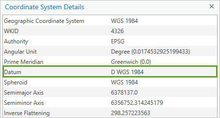 Datum highlighted in the details list of a geographic coordinate system