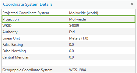 Projection highlighted in the details list of a projected coordinate system