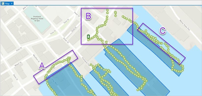 Map of tracks layer with boxes around groups of points that are outside of the piers layer.