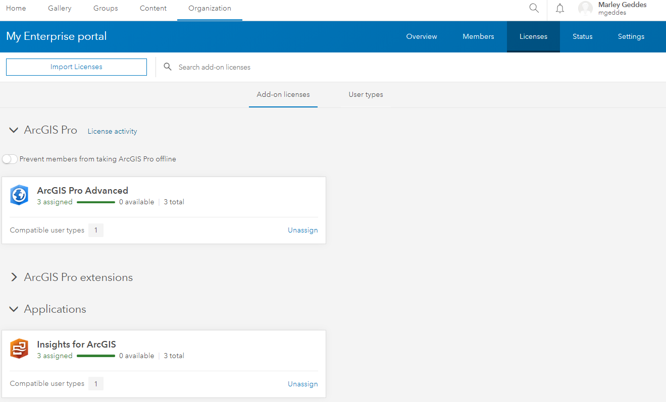 portal licenses tab showing add on licenses available