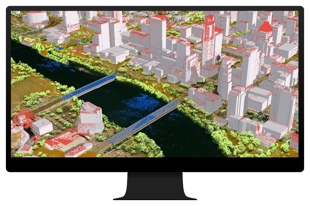 Graphic image of buildings with basemap data overlay