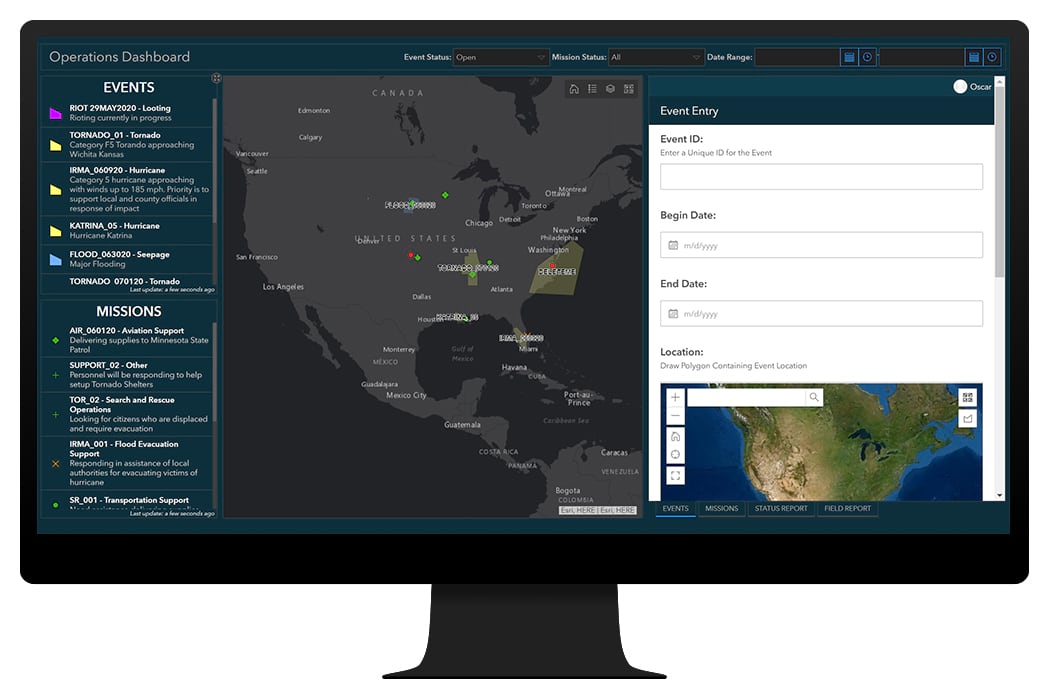 Graphic image of a dashboard application with maps