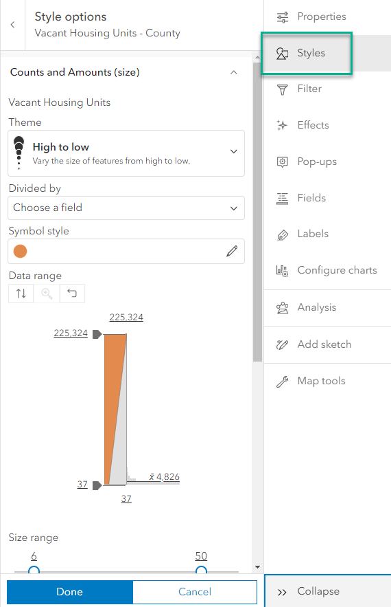 Styles button is selected, then Counts and Amounts (size), which shows a histogram of values.