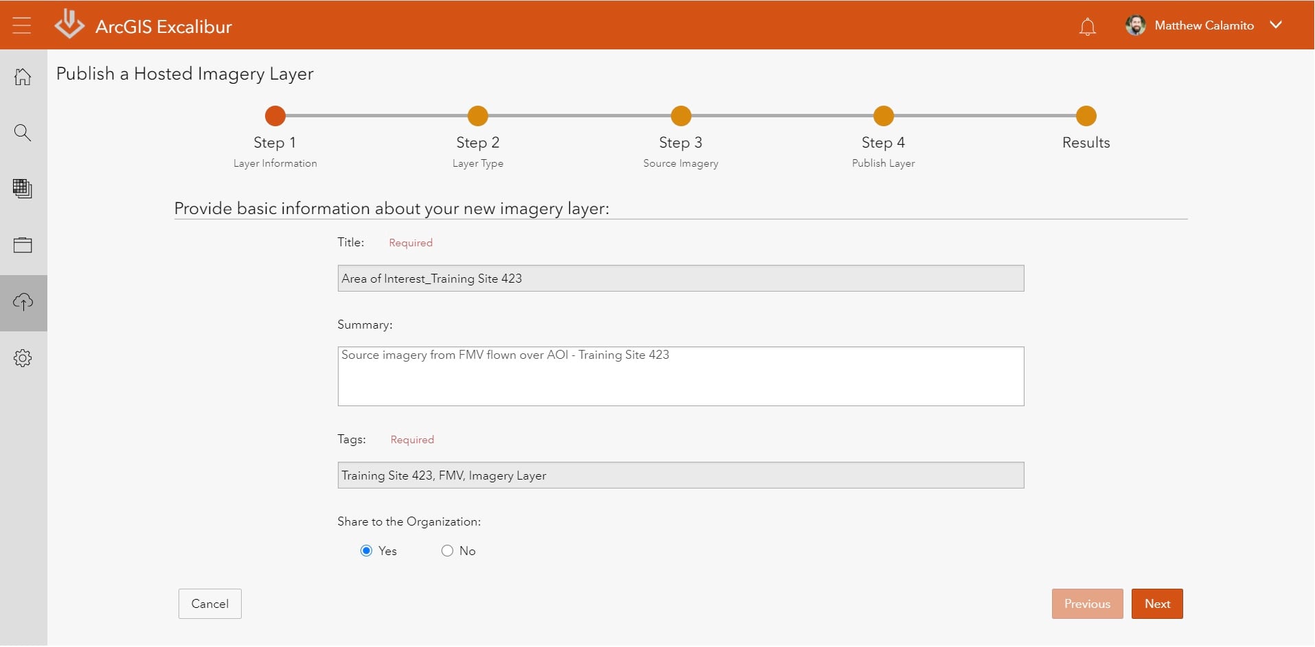 ArcGIS Excalibur Publish Imagery Step 1 - Layer Information